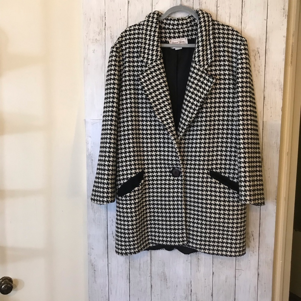 Vintage Sharon Young Houndstooth Pattern Wool Blend Blazer Coat Jacket